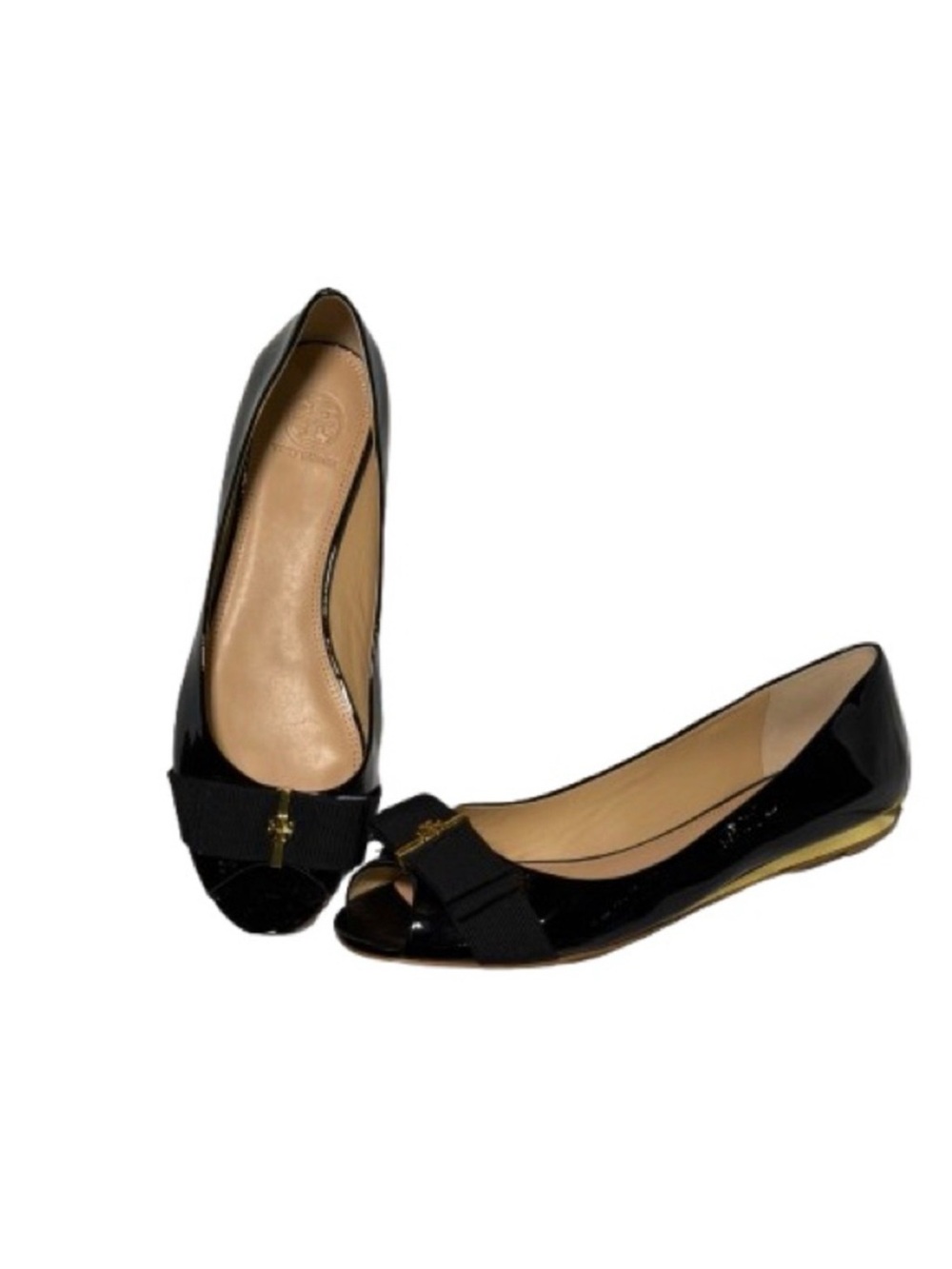 Tory Burch Patent Leather Black Bow Peep-Toe Flats